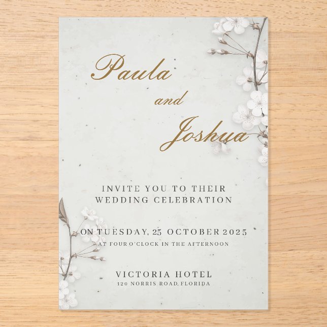 Invitations En Acrylique Mariage Élégant Fleur de Cerisier Blanc et Écritur (Recto)