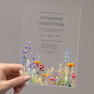 Invitations En Acrylique Mariage élégant Fleur sauvage vibreux Clair