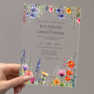 Invitations En Acrylique Mariage élégant Fleur sauvage vibreux Clair