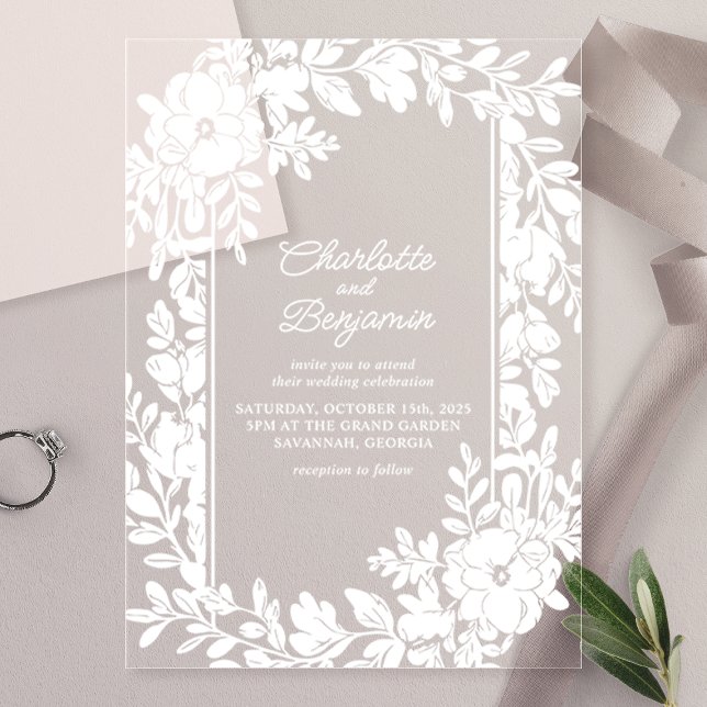 Invitations En Acrylique Mariage Élégant Fleuris Bordure Blanc (Créateur téléchargé)