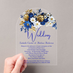 Invitations En Acrylique Mariage Élégant Fleurs Bleu Royal Blanc Or