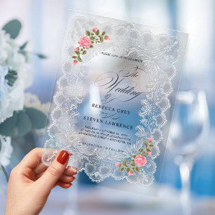 Invitations En Acrylique Mariage Élégant Fleurs de Lac Rose Calligraphie