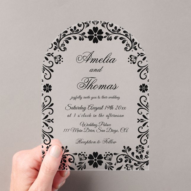 Invitations En Acrylique Mariage Élégant Fleurs Noir (In situ (ordinateur de poche))