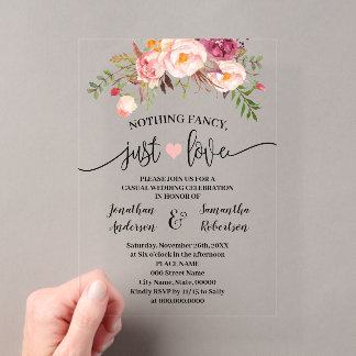 Invitations En Acrylique Mariage Élégant Fleurs Roses Rien de Fantaisiste J