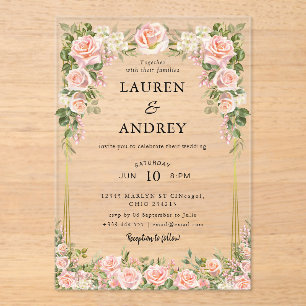 Invitations En Acrylique Mariage Élégant Fleurs Roses Tendres Moderne