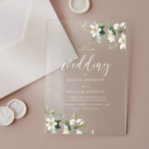 Invitations En Acrylique Mariage Élégant Fleurs Sauvages Blanches