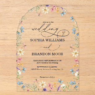 Invitations En Acrylique Mariage Élégant Fleurs Sauvages Papillon Romantiqu