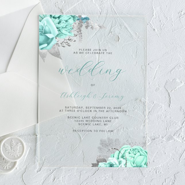 Invitations En Acrylique Mariage élégant floral aqua argent script (Créateur téléchargé)