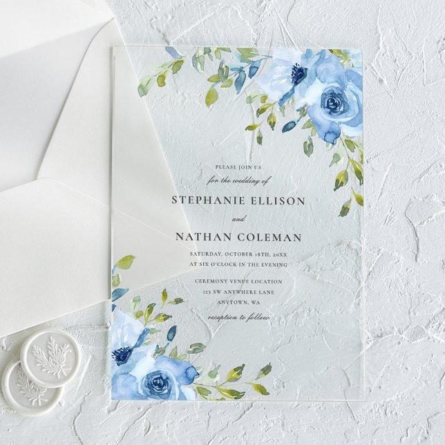 Invitations En Acrylique Mariage Élégant Floral Bleu et Verdure (Créateur téléchargé)