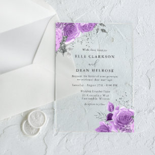 Invitations En Acrylique Mariage élégant floral lavande violet et argent