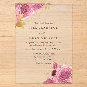 Invitations En Acrylique Mariage Élégant Floral Rose Pâle & Or
