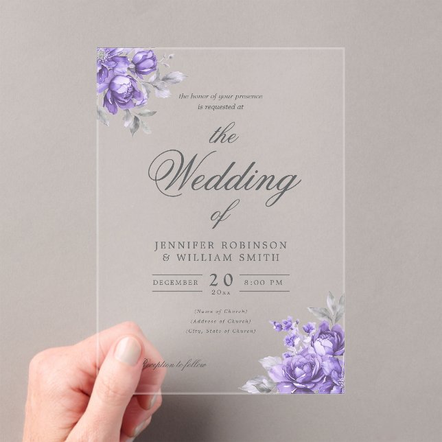 Invitations En Acrylique Mariage élégant floral rustique violet Script  (In situ (ordinateur de poche))