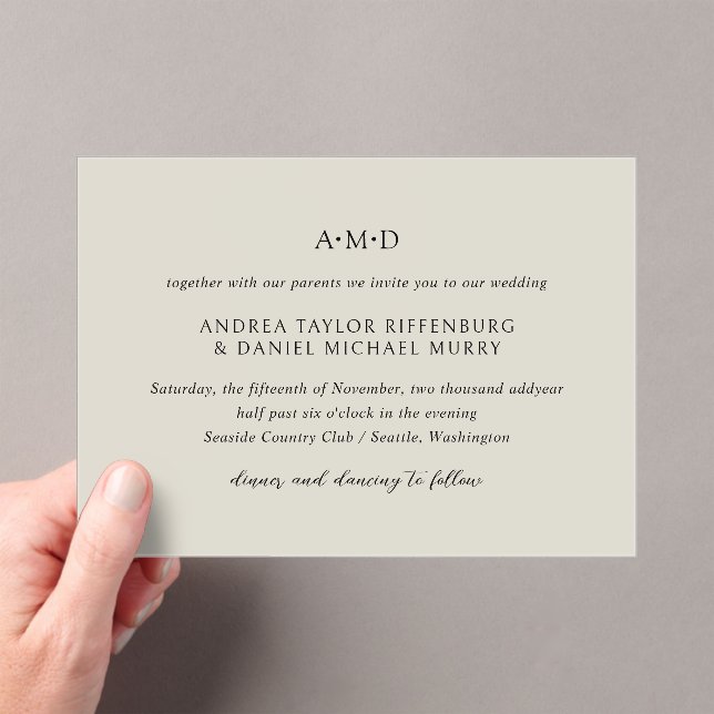 Invitations En Acrylique Mariage Élégant Formel Beige Monogramme Classique (In situ (ordinateur de poche))