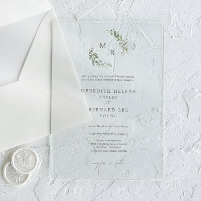 Invitations En Acrylique Mariage Élégant Formel Monogramme Botanique (Créateur téléchargé)