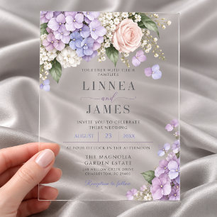 Invitations En Acrylique Mariage Élégant Hydrangea Lavande Rose Fleurie