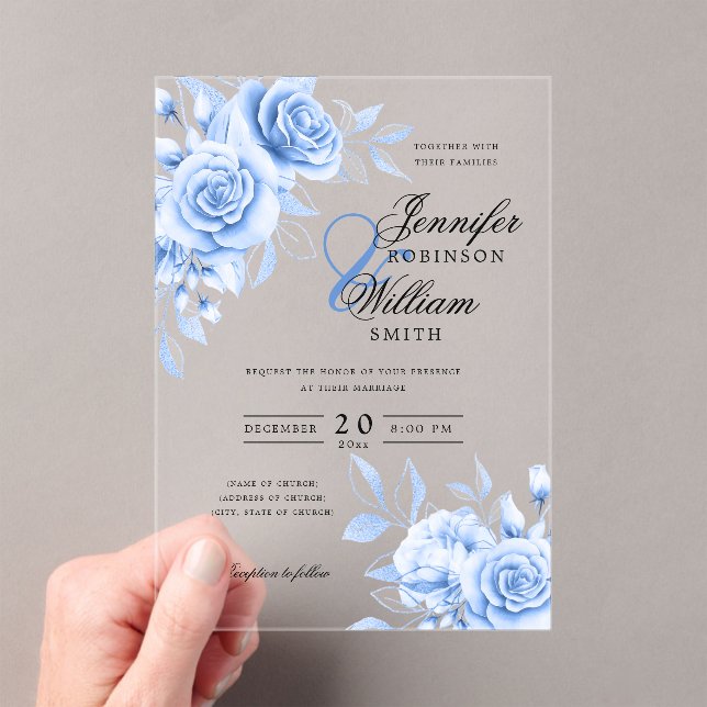 Invitations En Acrylique Mariage élégant Marine Bleu Roses Floral thème (In situ (ordinateur de poche))