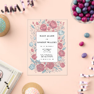 Invitations En Acrylique Mariage élégant mauve rose clair cadre floral bleu