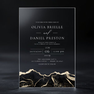 Invitations En Acrylique Mariage élégant moderne en agate or noir