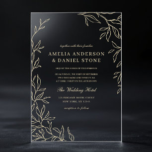 Invitations En Acrylique Mariage Élégant Moderne Feuille Minimaliste Or