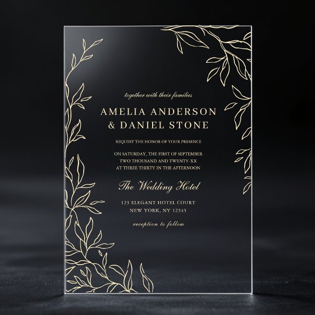 Invitations En Acrylique Mariage Élégant Moderne Feuille Minimaliste Or (Créateur téléchargé)