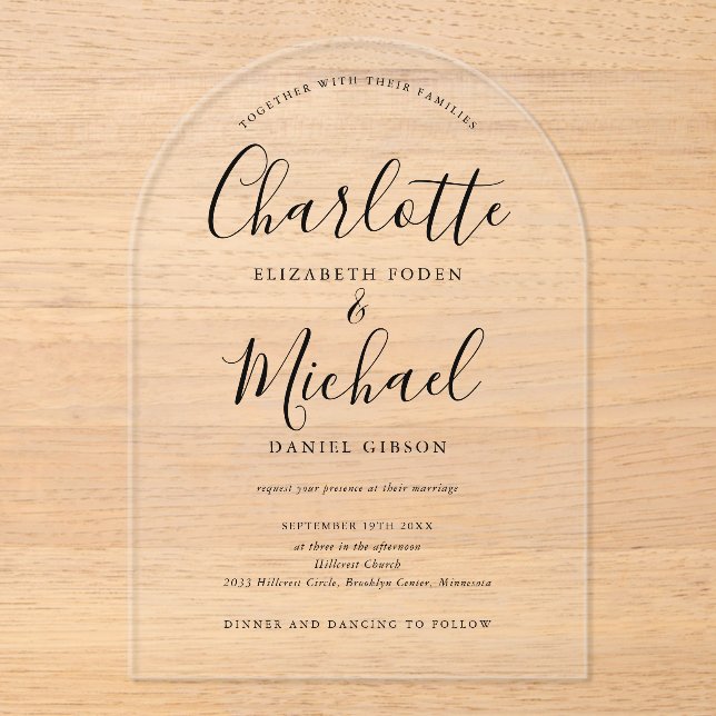 Invitations En Acrylique Mariage Élégant Moderne Noir Signature Script Arch (Recto)