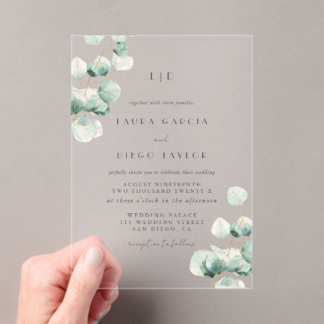 Invitations En Acrylique Mariage Élégant Monogramme Eucalyptus (In situ (ordinateur de poche))