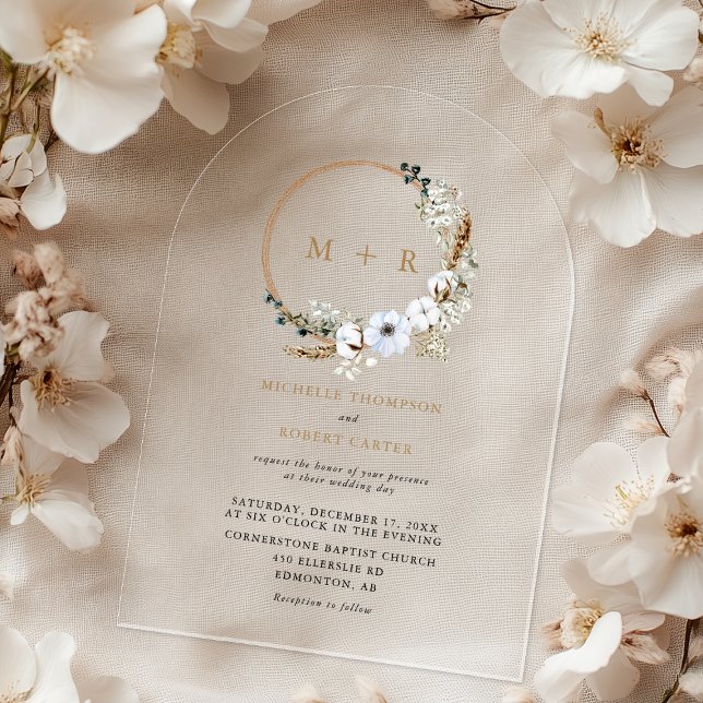 Invitations En Acrylique Mariage élégant monogramme floral boho (Créateur téléchargé)