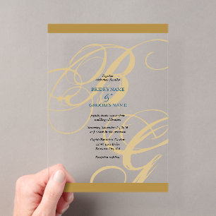 Invitations En Acrylique Mariage élégant monogramme script or bleu