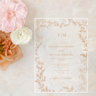 Invitations En Acrylique Mariage Élégant Monogramme Terracotta Feuille Mini