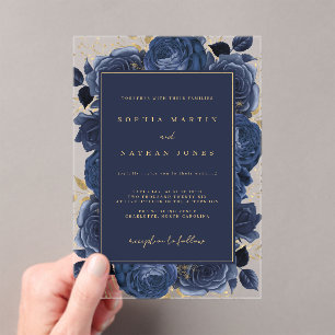 Invitations En Acrylique Mariage élégant Navy Rose Or Clair