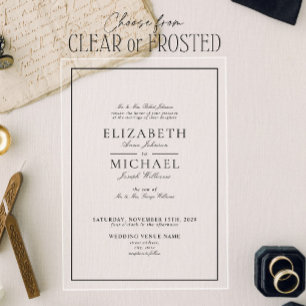 Invitations En Acrylique Mariage Élégant Noir & Blanc à l'Écriture Classiqu