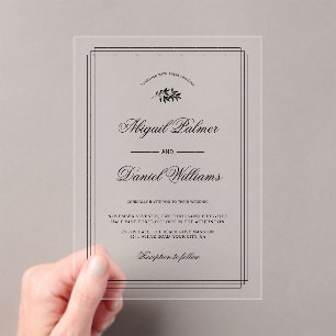 Invitations En Acrylique Mariage élégant noir, branche blanche et bordure
