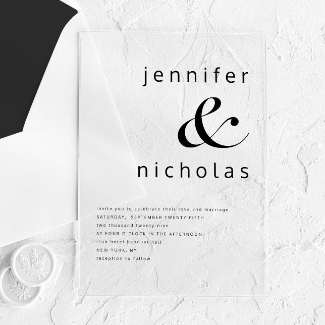 Invitations En Acrylique Mariage Élégant Noir Et Blanc Ampersand (Elegant Black And White Ampersand Wedding Acrylic Invitations)