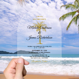 Invitations En Acrylique Mariage Élégant Palmier Tropical Or
