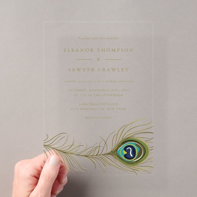 Invitations En Acrylique Mariage Élégant Plume de Paon Vintage (In situ (ordinateur de poche))