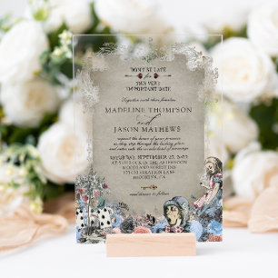 Invitations En Acrylique Mariage élégant poussiéreux bleu Alice au pays des