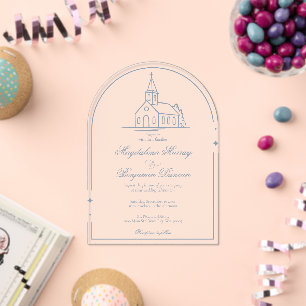 Invitations En Acrylique Mariage élégant poussiéreux bleu Église chapelle c