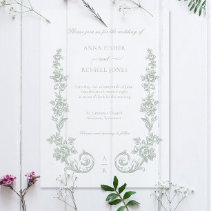 Invitations En Acrylique Mariage Élégant Roses Baroques Sauge