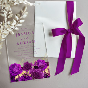 Invitations En Acrylique Mariage élégant Roses Violettes & Or