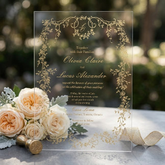 Invitations En Acrylique Mariage Élégant Royal aux Roses Blanches et Or