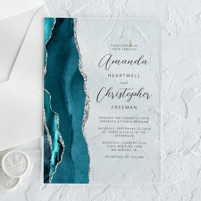 Invitations En Acrylique Mariage élégant sarcelle argent agate script (Créateur téléchargé)
