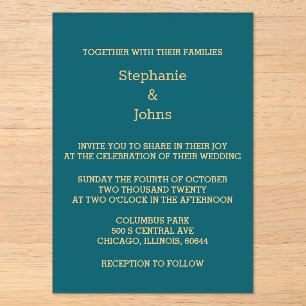 Invitations En Acrylique Mariage élégant sarcelle bleu vert or écriture