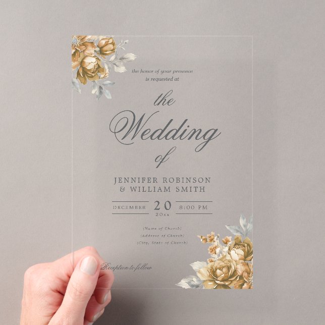 Invitations En Acrylique Mariage élégant script floral rustique naturel or  (In situ (ordinateur de poche))