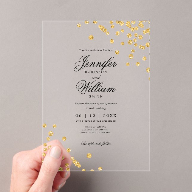 Invitations En Acrylique Mariage Élégant script roman Gold Confetti (In situ (ordinateur de poche))