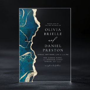 Invitations En Acrylique Mariage élégant Turquoise Bleu Agate Or