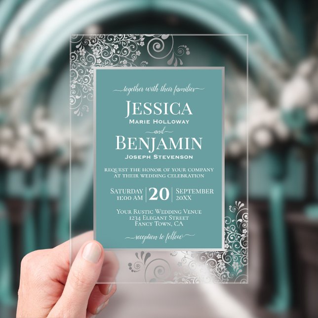 Invitations En Acrylique Mariage Élégant Turquoise et Argent avec Texte Raf (Clear Acrylic with Rectangle Cut)