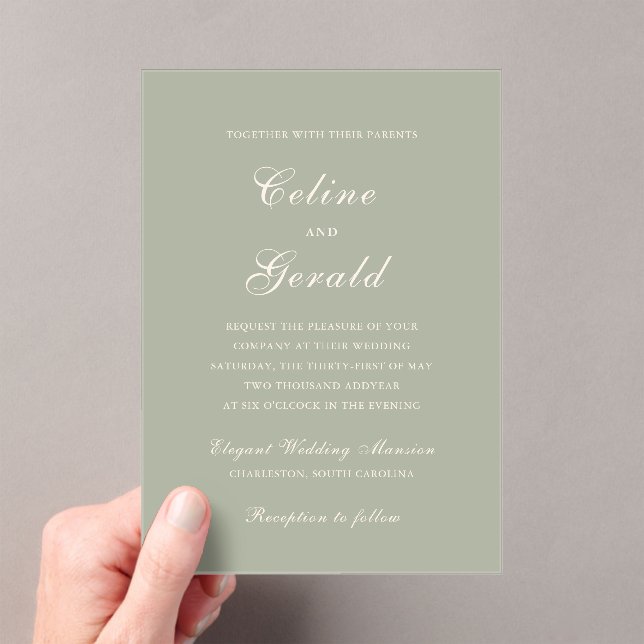 Invitations En Acrylique Mariage élégant vert discret classique (In situ (ordinateur de poche))