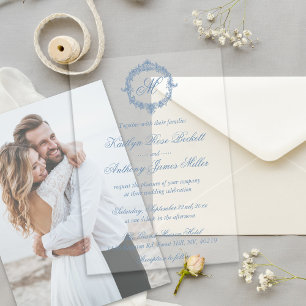 Invitations En Acrylique Mariage Élégant Vintage Bleu Toile Monogram