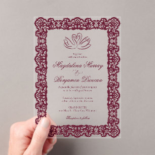 Invitations En Acrylique Mariage Élégant Vintage Cygnes Burgundy Cadre en D