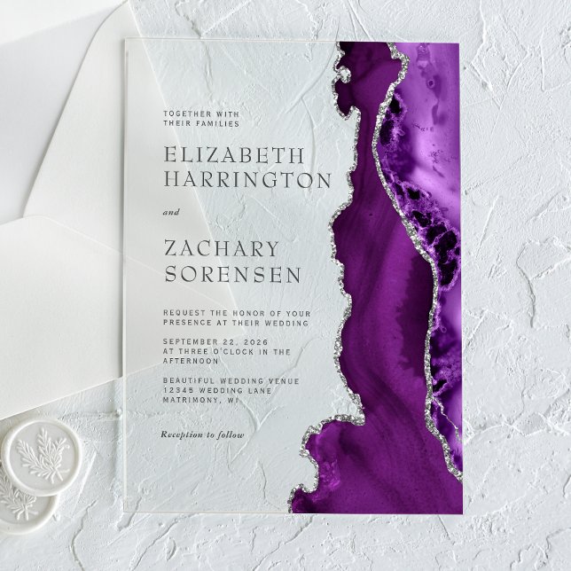 Invitations En Acrylique Mariage en Agate Argent Violet (Créateur téléchargé)